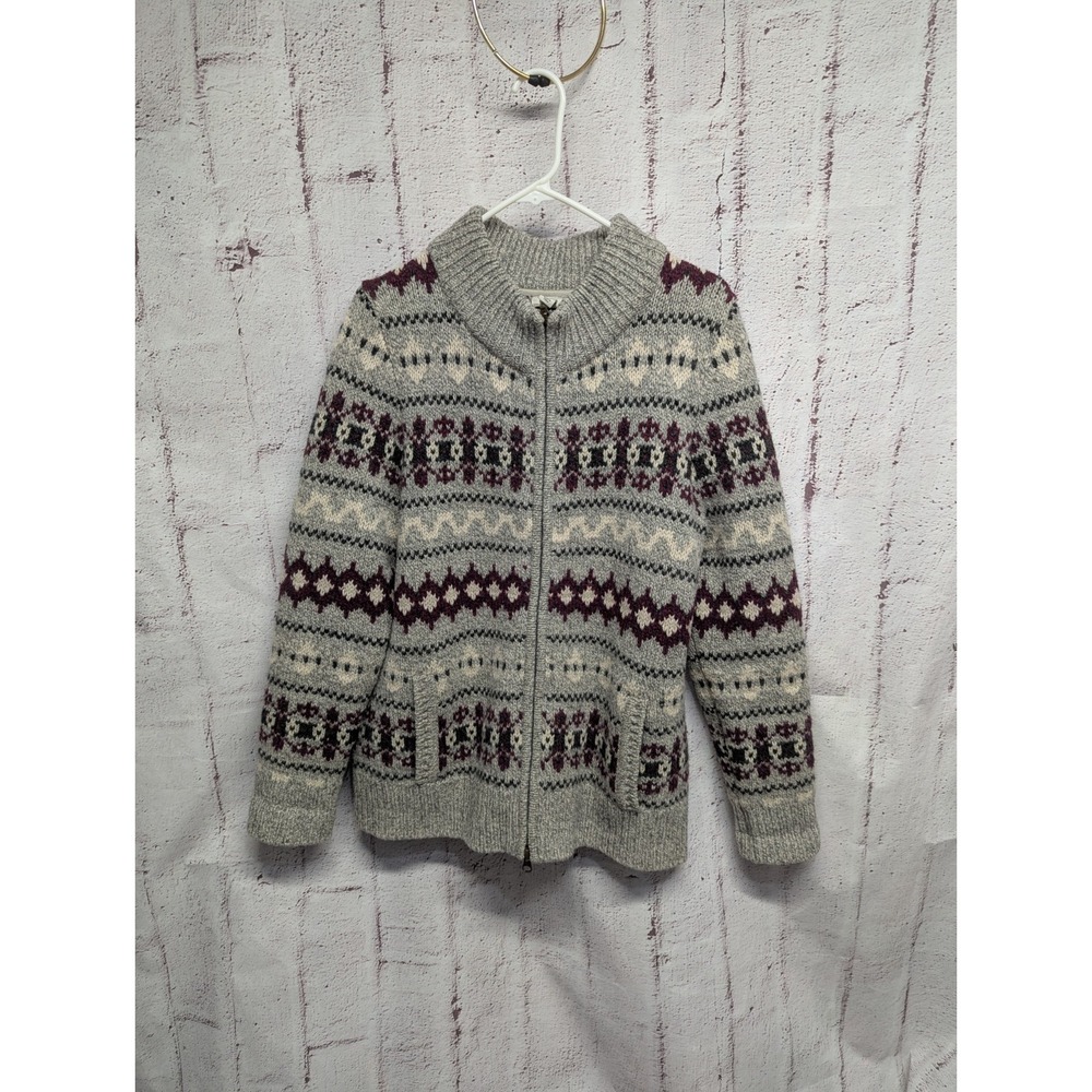 LL Bean Wool Fair Isle Sweater Nordic Cardigan Zip‎ Womens LambsWool Sz L Large